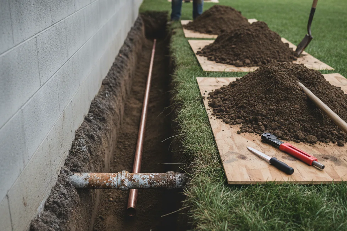 Excavated water line trench during Sewer Line Repair in Calhoun